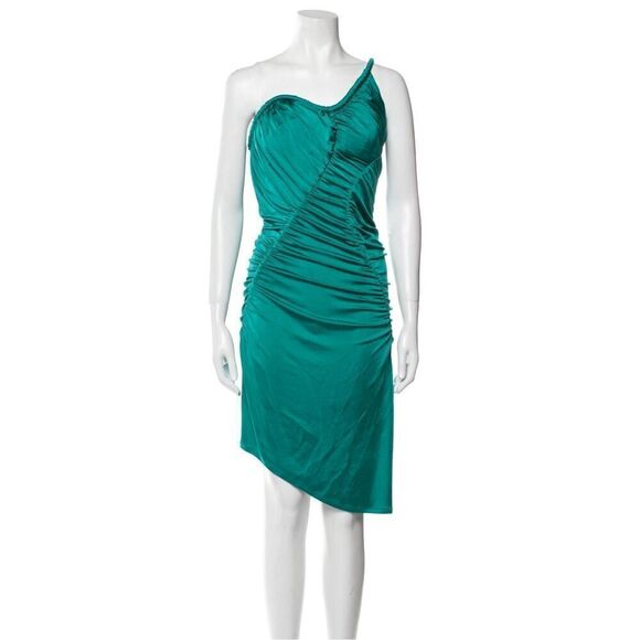 NEW ET Ochs Mary Curve Rushed One-shoulder Satin Teal Midi Dress Pickles Size 8 - Picture 7 of 13